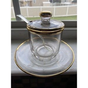 Vintage Jeannette Glass Gold Trim Mustard ~ Honey Jar Catch Saucer and Spoon